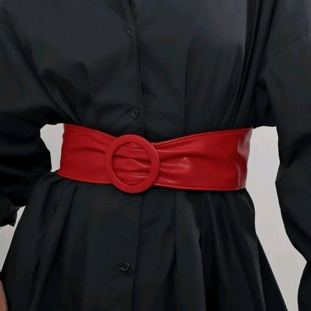 new Wide Red Faux Leather Belt with‎ Circular Buckle Waist Belt for Women